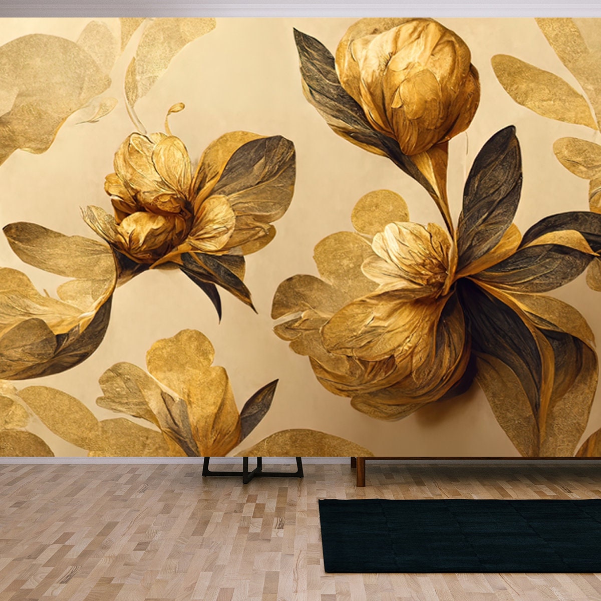 4K Golden Floral Background, Abstract Vintage Flower Design Wallpaper Living Room Mural