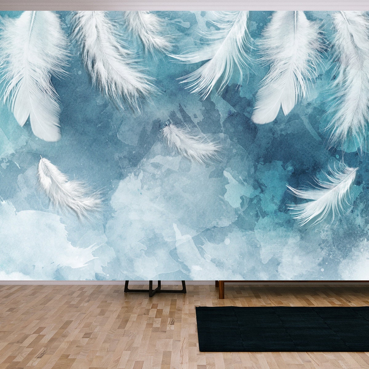 3d Picture of White Feathers on a Blue Background Wallpaper Living Room Mural