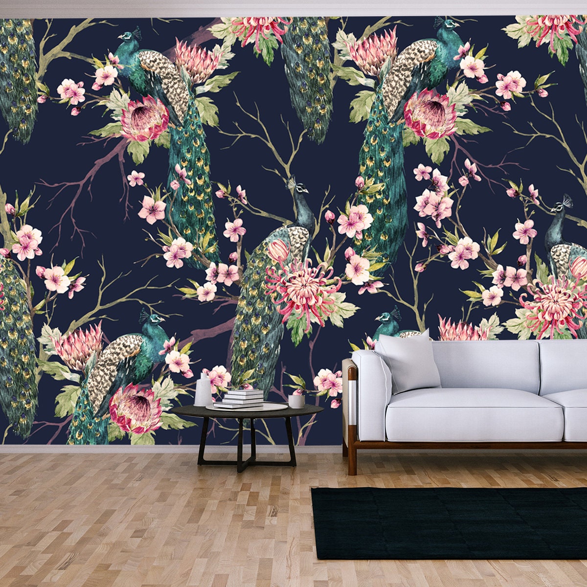 Watercolor Pattern Peacock on a Cherry Tree, Flowering Trees. Protea Flower, Retro Colors Wallpaper Living Room Mural