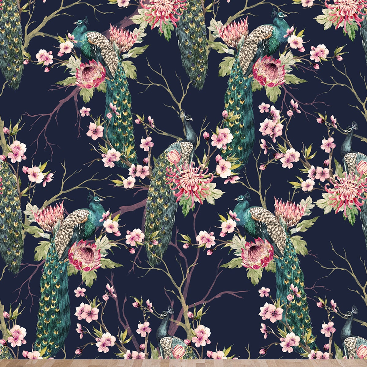 Watercolor Pattern Peacock on a Cherry Tree, Flowering Trees. Protea Flower, Retro Colors Wallpaper Living Room Mural