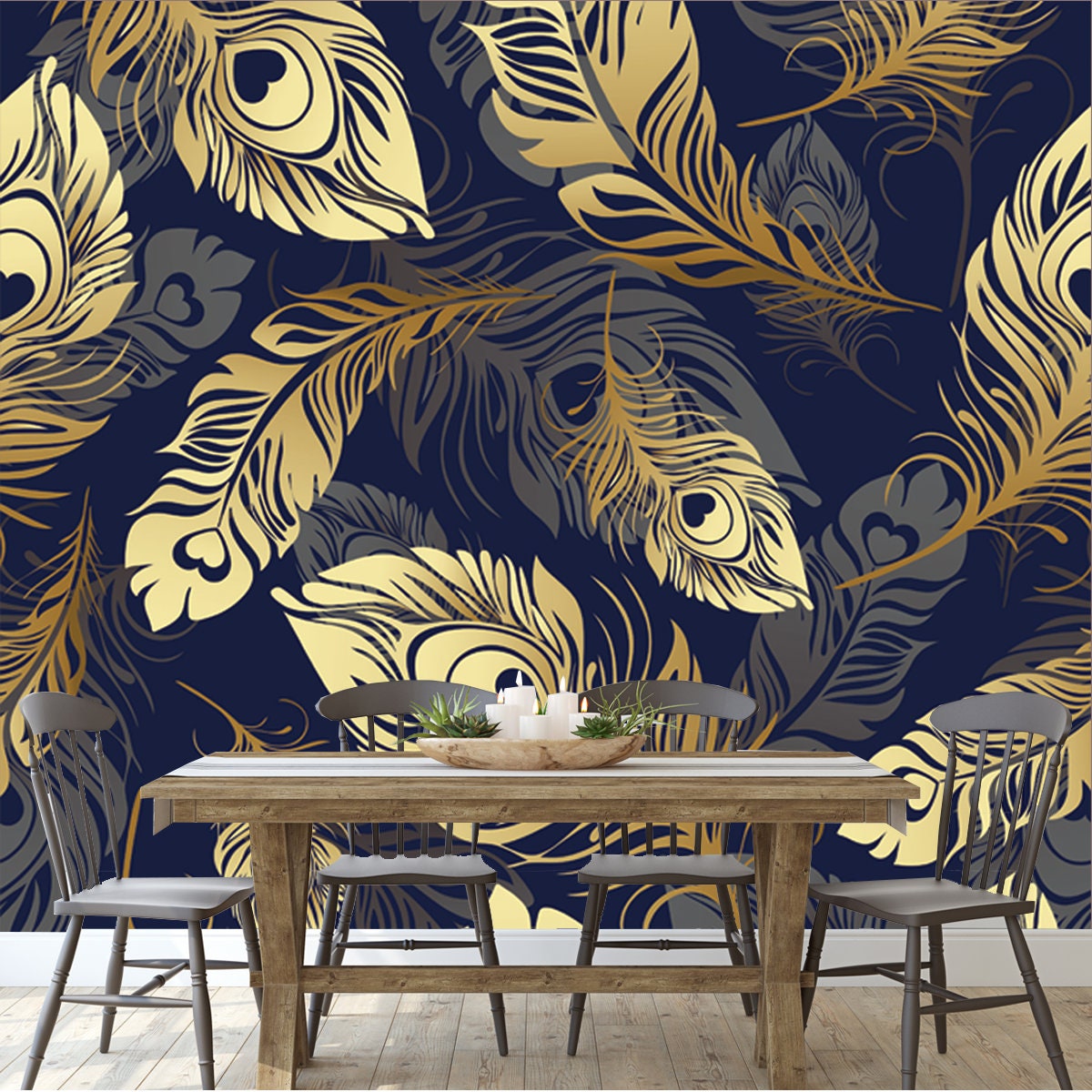 Gold Feathers Seamless Pattern. Rich, Luxury Design Wallpaper Dining Room Mural
