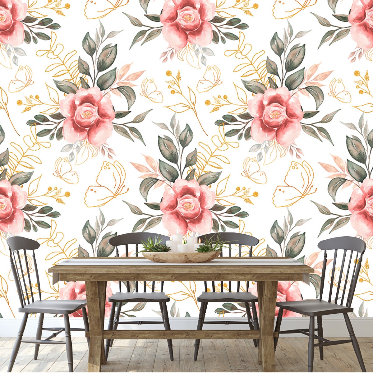 Leaves Branch and Peony Flowers with Gold Butterfly Wallpaper Dining Room Mural