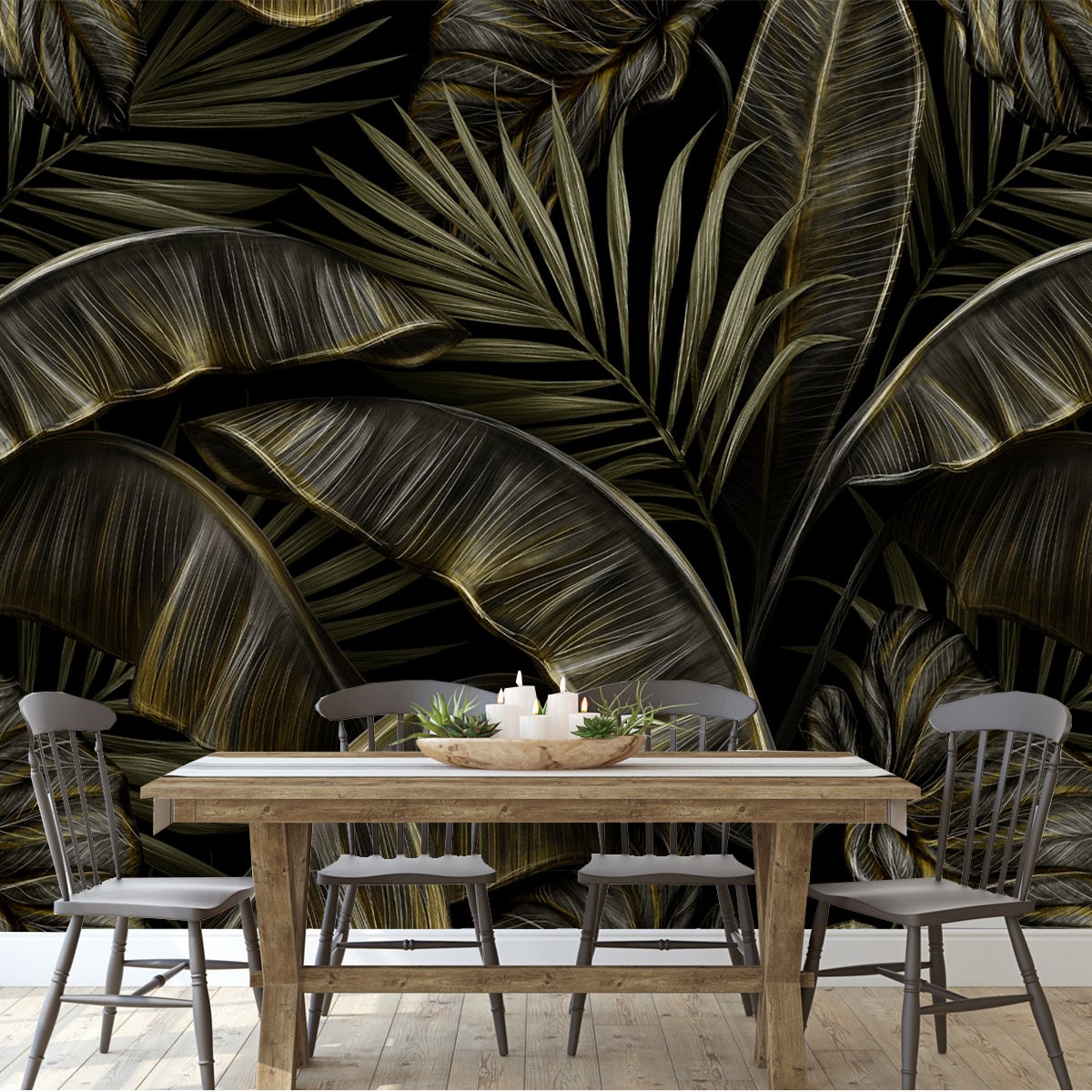 Tropical Exotic Seamless Pattern with Dark Golden Vintage Banana Leaves, Palm and Colocasia Wallpaper Dining Room Mural