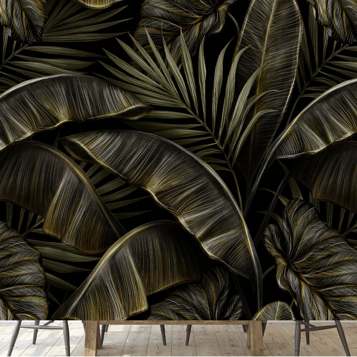 Tropical Exotic Seamless Pattern with Dark Golden Vintage Banana Leaves, Palm and Colocasia Wallpaper Dining Room Mural