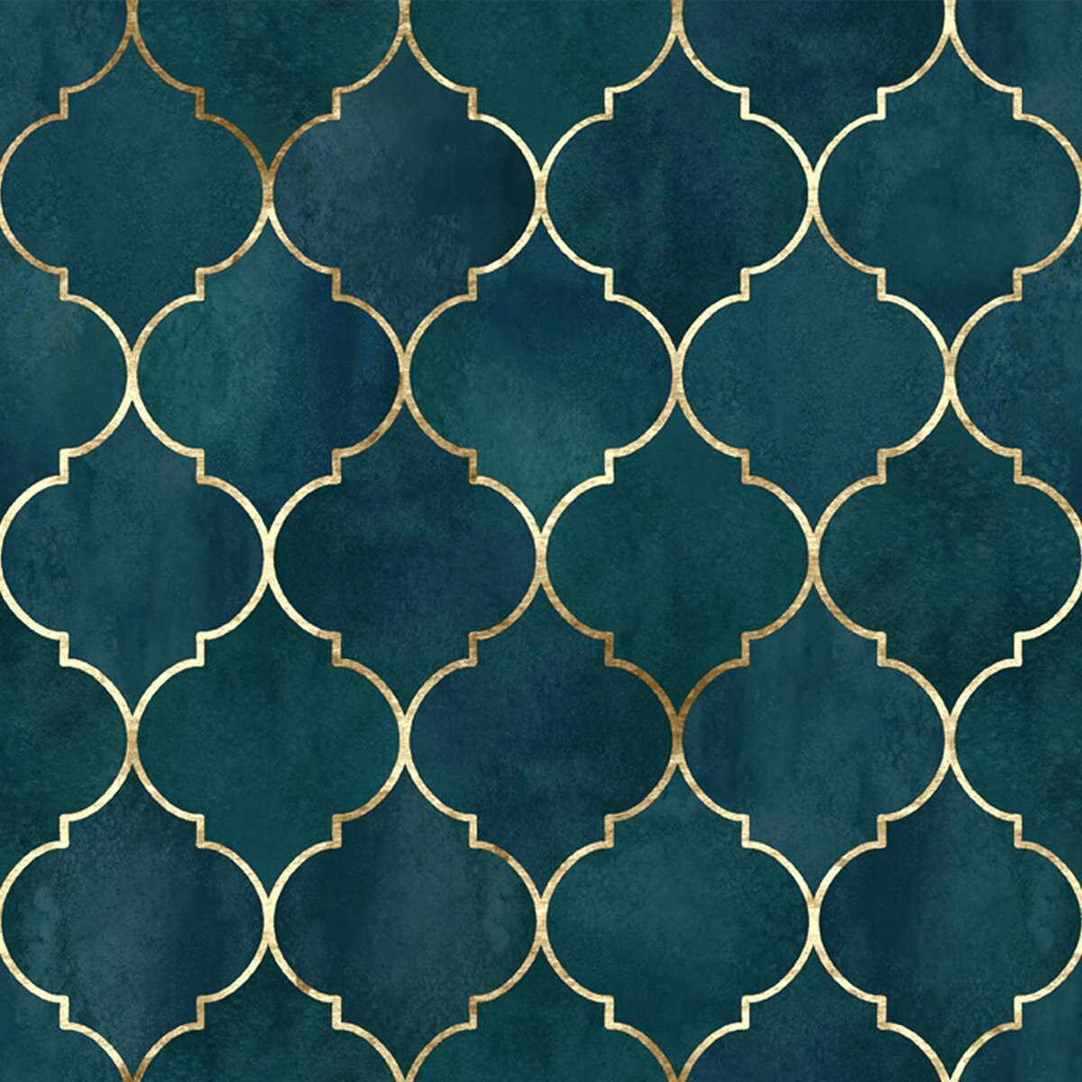 Vintage Decorative Moroccan Seamless Pattern with Gold Line. Watercolor Hand Drawn Dark Green Teal Background Wallpaper Dining Room Mural