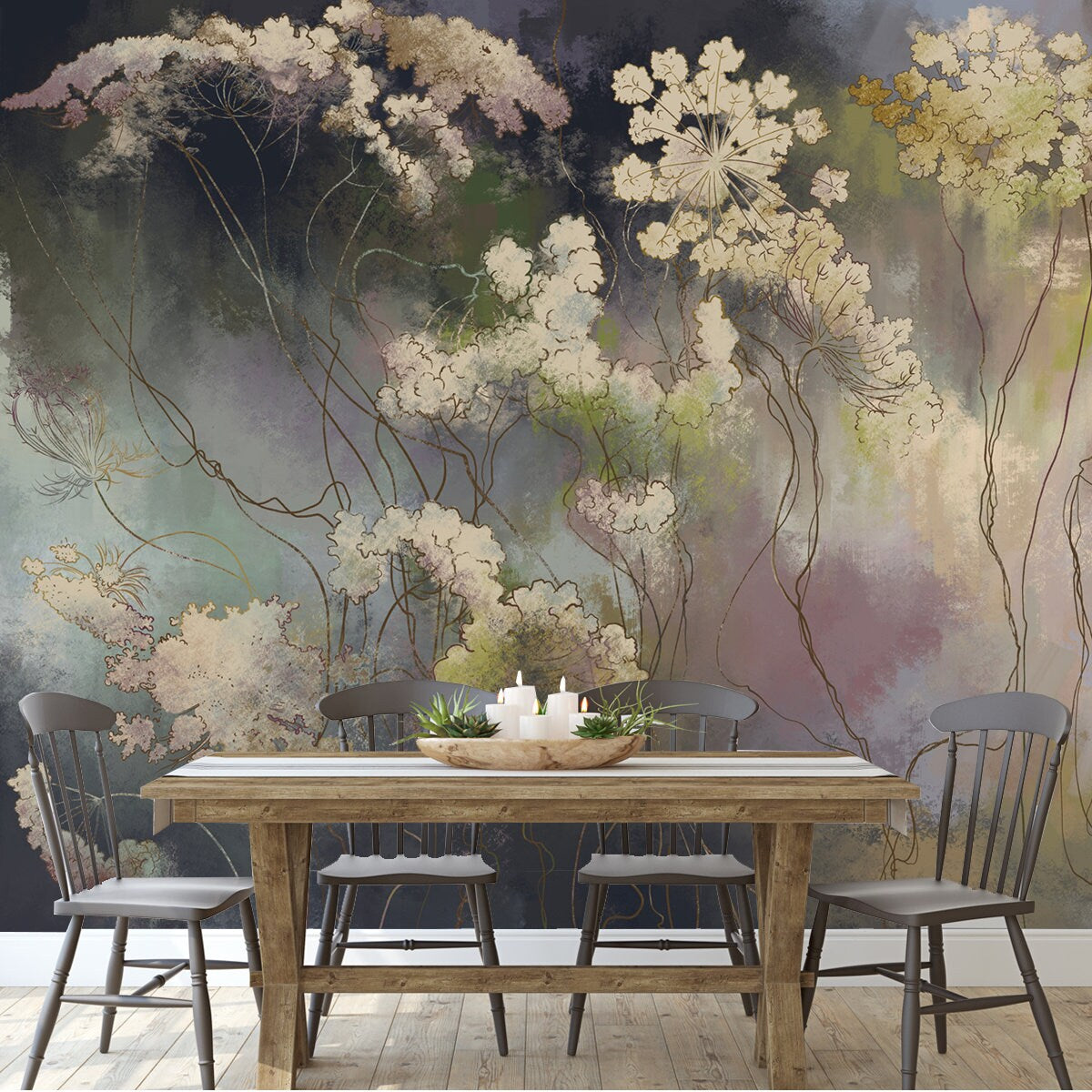 Graphic Wildflowers Painted on Dark Colorful Wall. Floral Background in Loft, Modern Style Wallpaper Dining Room Mural