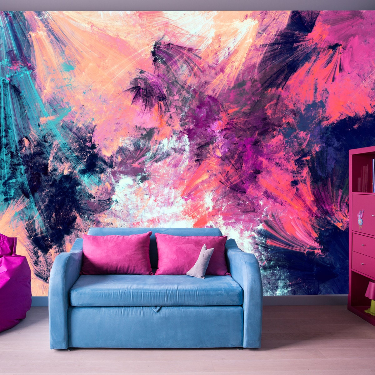 Bright Color Fireworks. Abstract Painting Color Texture Modern Multicolor Futuristic Dynamic Pattern Wallpaper Teen Girl Bedroom Mural