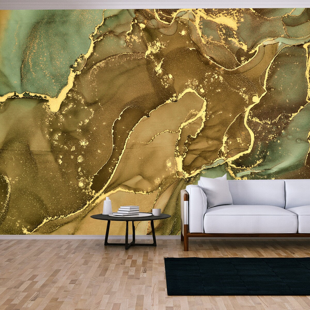 Currents of Translucent Hues, Snaking Metallic Swirls, and Foamy Sprays of Color Wallpaper Living Room Mural