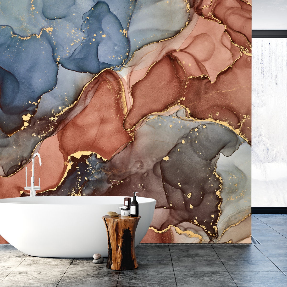 Currents of Translucent Hues, Snaking Metallic Swirls, and Foamy Sprays of Color Shape Wallpaper Bathroom Mural