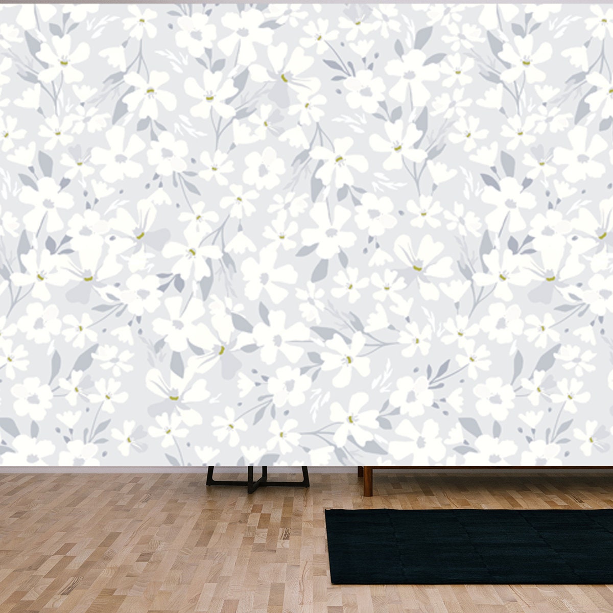 Delicate White Flowers on Blue Background Wallpaper Living Room Mural