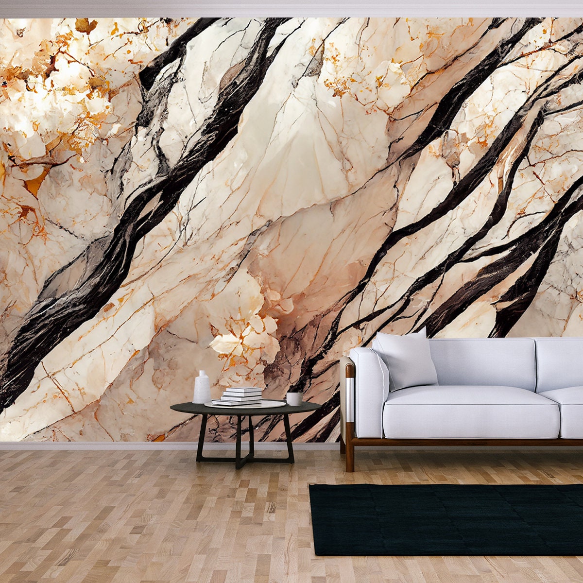 Beige Marble with Gold Leaf, Abstract Pink Sakura. Elegant Marble Pattern Design Wallpaper Living Room Mural