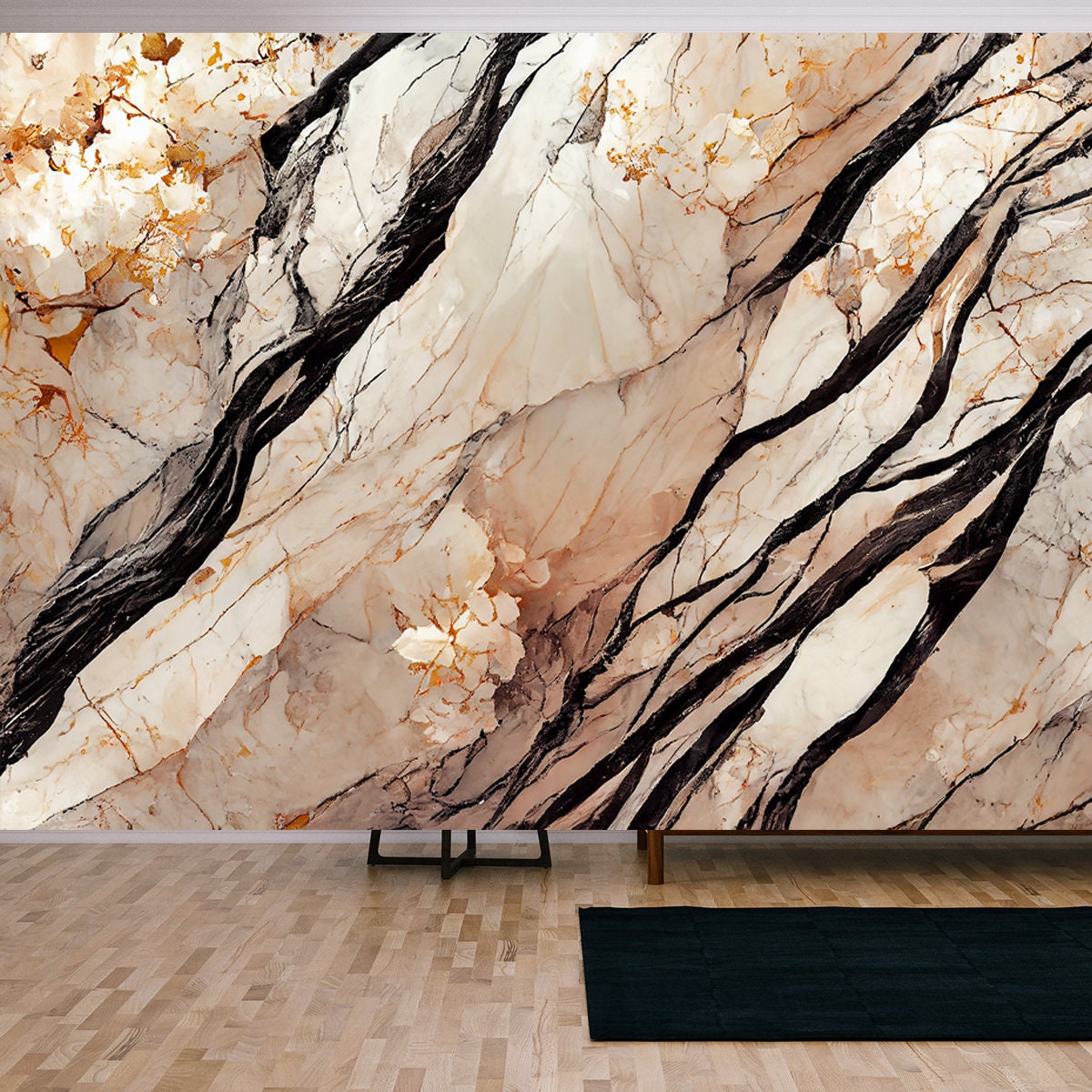 Beige Marble with Gold Leaf, Abstract Pink Sakura. Elegant Marble Pattern Design Wallpaper Living Room Mural