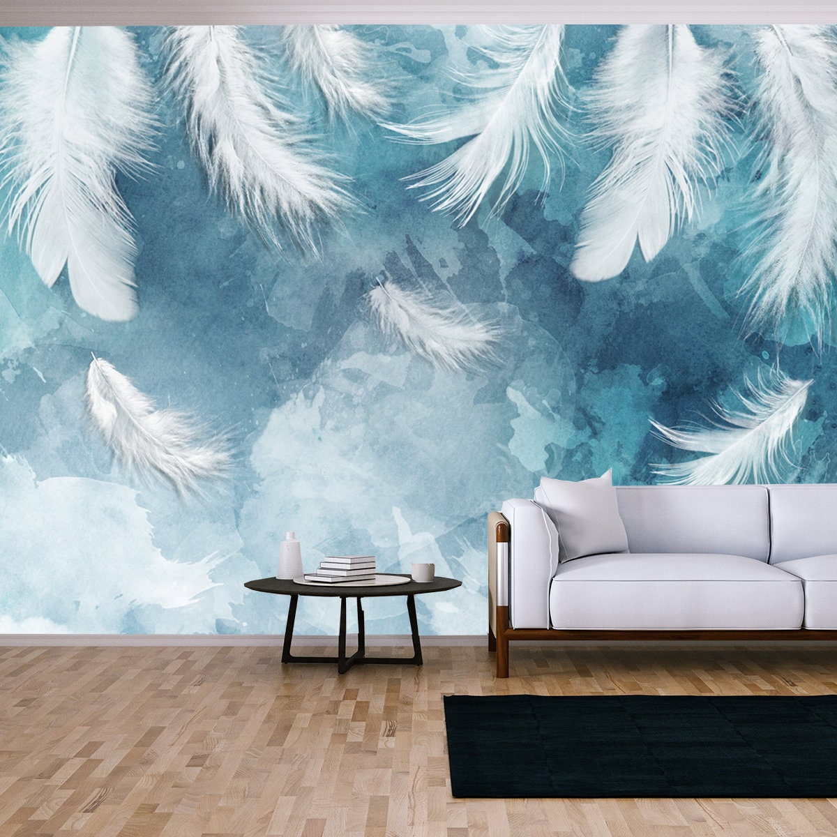 3d Picture of White Feathers on a Blue Background Wallpaper Living Room Mural