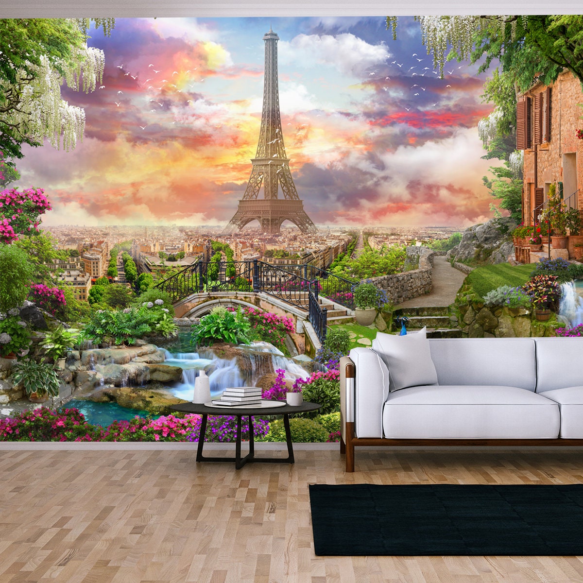 Beautiful Collage with Access to the Paris, the Ancient Houses of Italy, Flowers and Waterfalls Wallpaper Living Room Mural