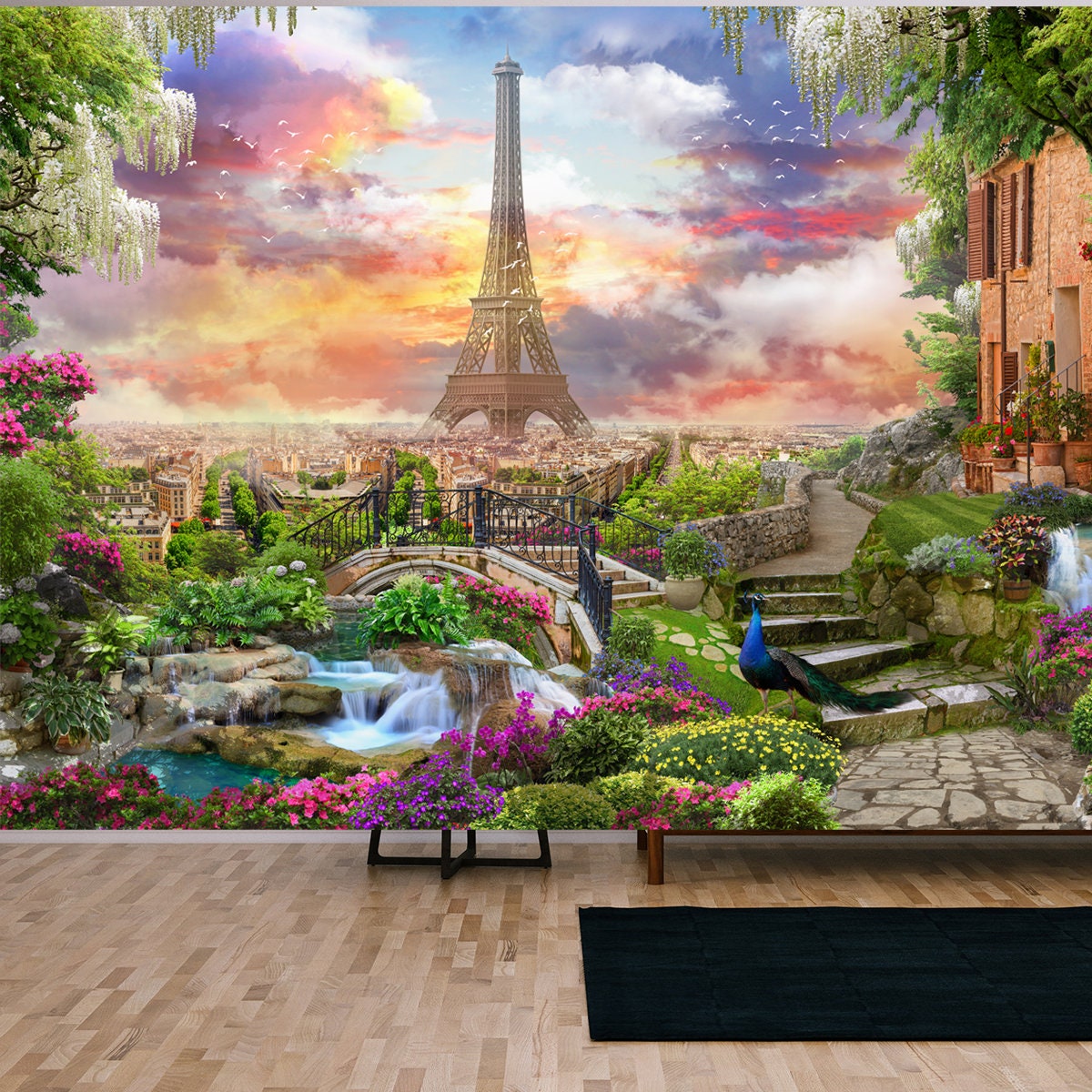 Beautiful Collage with Access to the Paris, the Ancient Houses of Italy, Flowers and Waterfalls Wallpaper Living Room Mural
