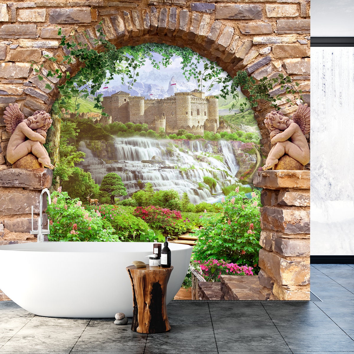 3d Picture Blooming Garden in an Arch with Angels Fresco Wallpaper Bathroom Mural