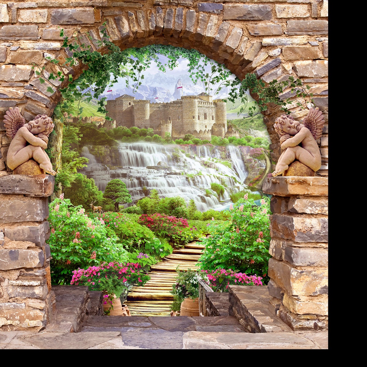 3d Picture Blooming Garden in an Arch with Angels Fresco Wallpaper Bathroom Mural