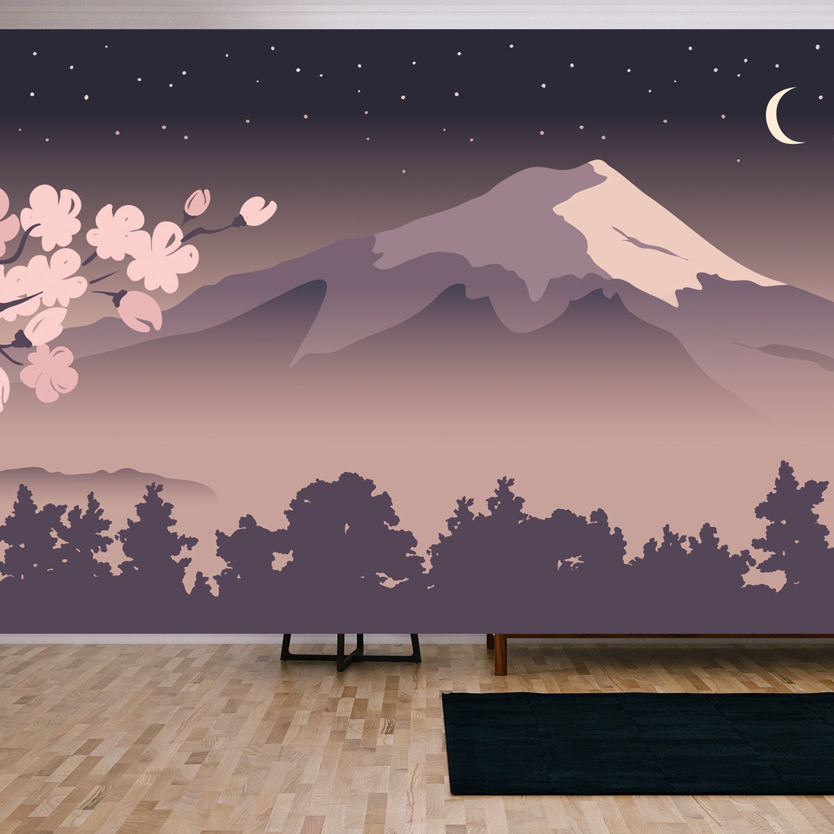 Abstract landscape with Mount Fuji with Blooming Sakura, Starlight Night, Japanese Landscape Wallpaper Living Room Mural