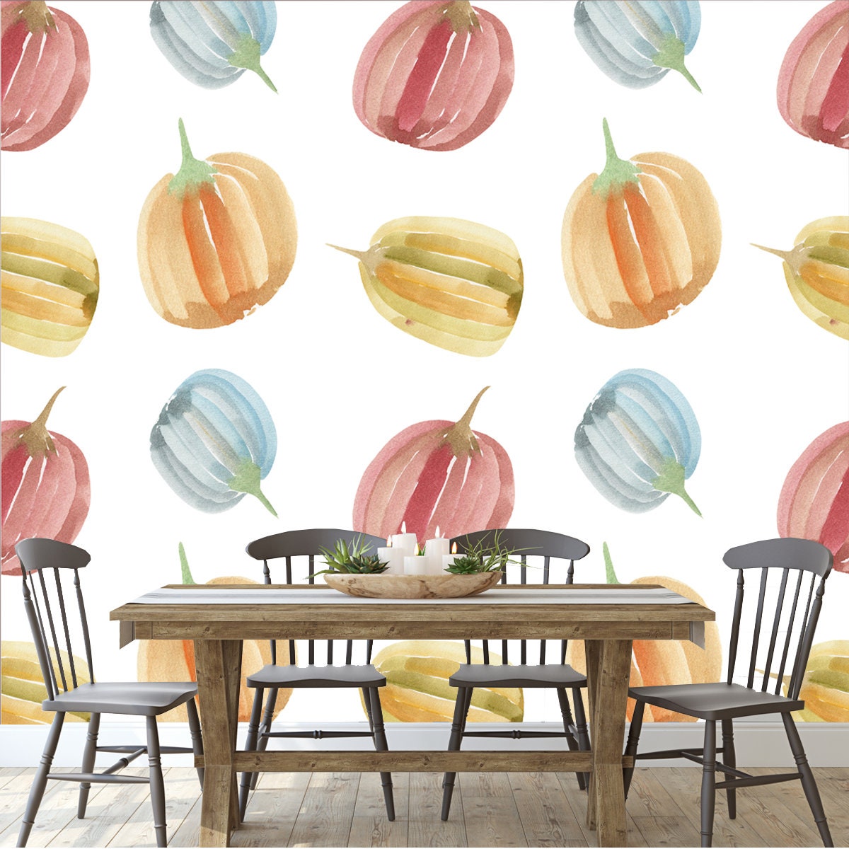Seamless Watercolor Pattern with Multicolored Pumpkins. Autumn Harvest Wallpaper Dining Room Mural