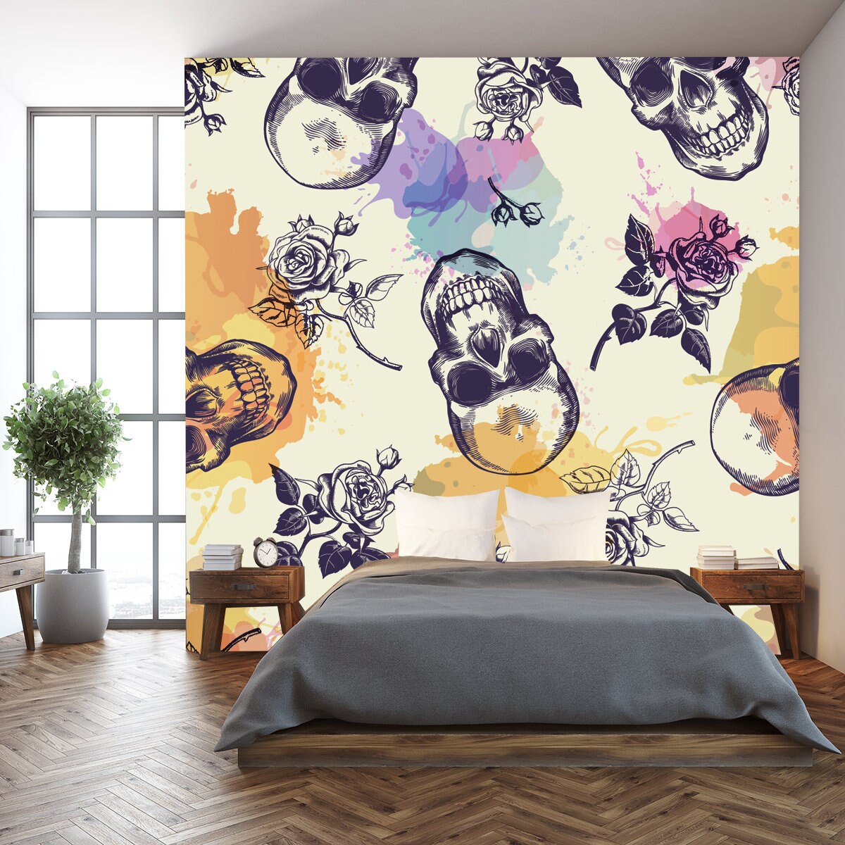 Seamless Pattern with Skulls and Rose Flowers Drawn in Engraving Style and Translucent Colorful Blots Wallpaper Bedroom Mural