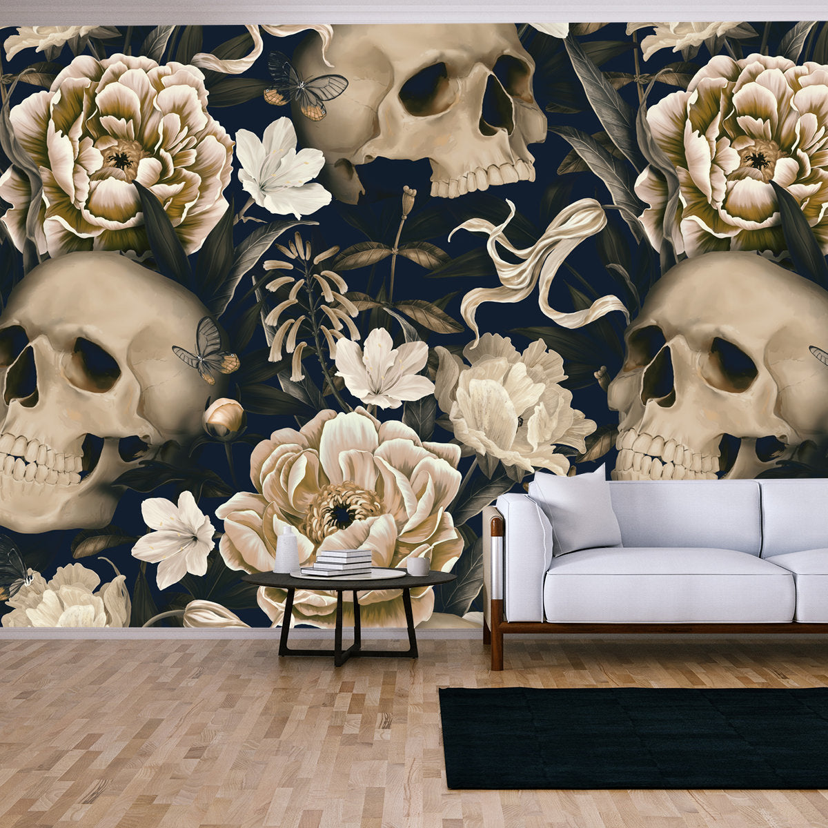 Vintage Floral Seamless Wallpaper with Skulls, Peonies, Butterflies. Dark Botanical Background Wallpaper Living Room Mural