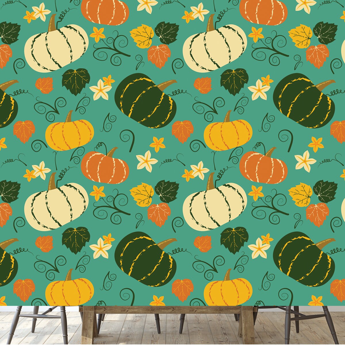 Cute Pumpkins and Leaves Seamless Vector Pattern Wallpaper Dining Room Mural