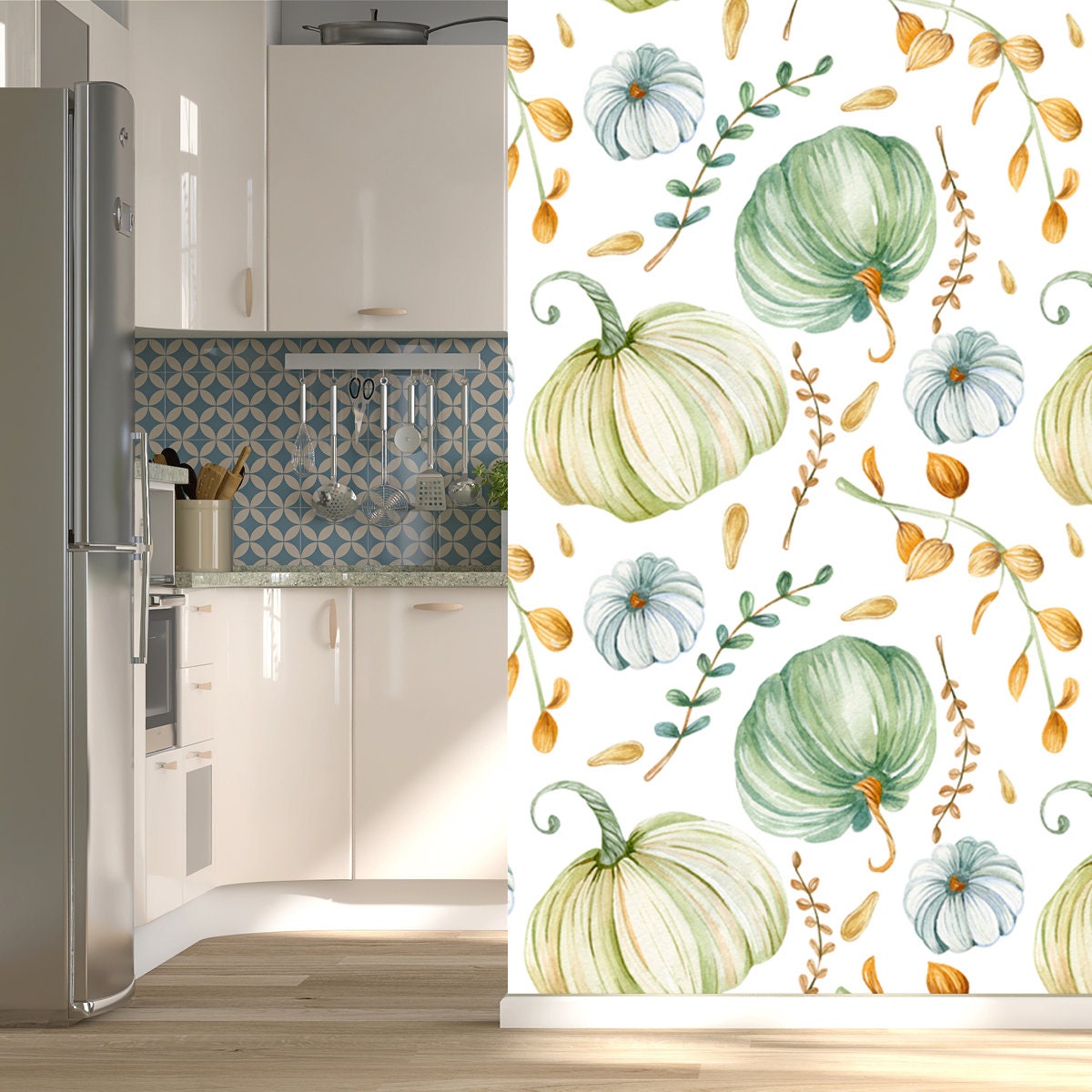 Seamless Watercolor Pattern with Green, White Pumpkins and Autumn Leaves Wallpaper Kitchen Mural