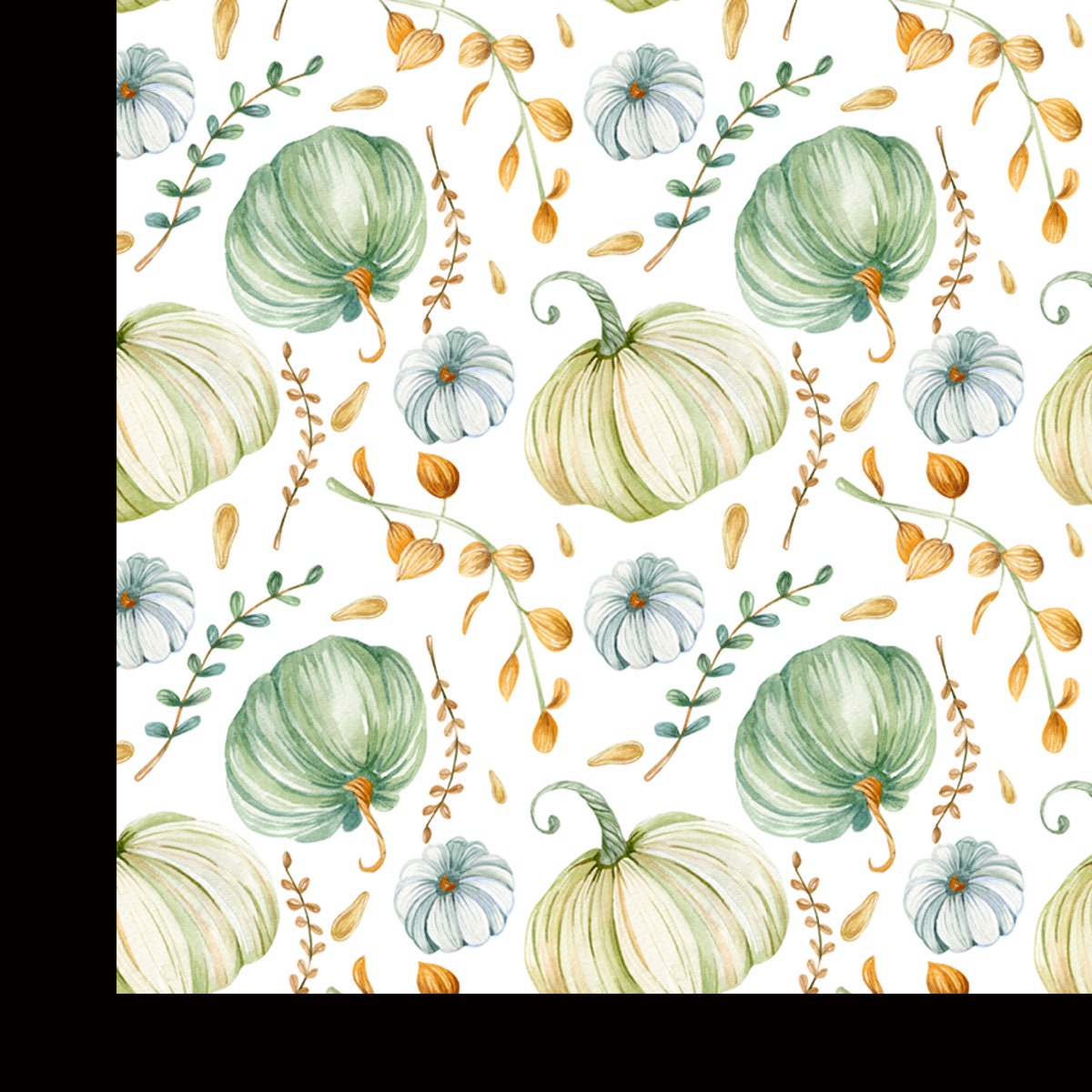 Seamless Watercolor Pattern with Green, White Pumpkins and Autumn Leaves Wallpaper Kitchen Mural