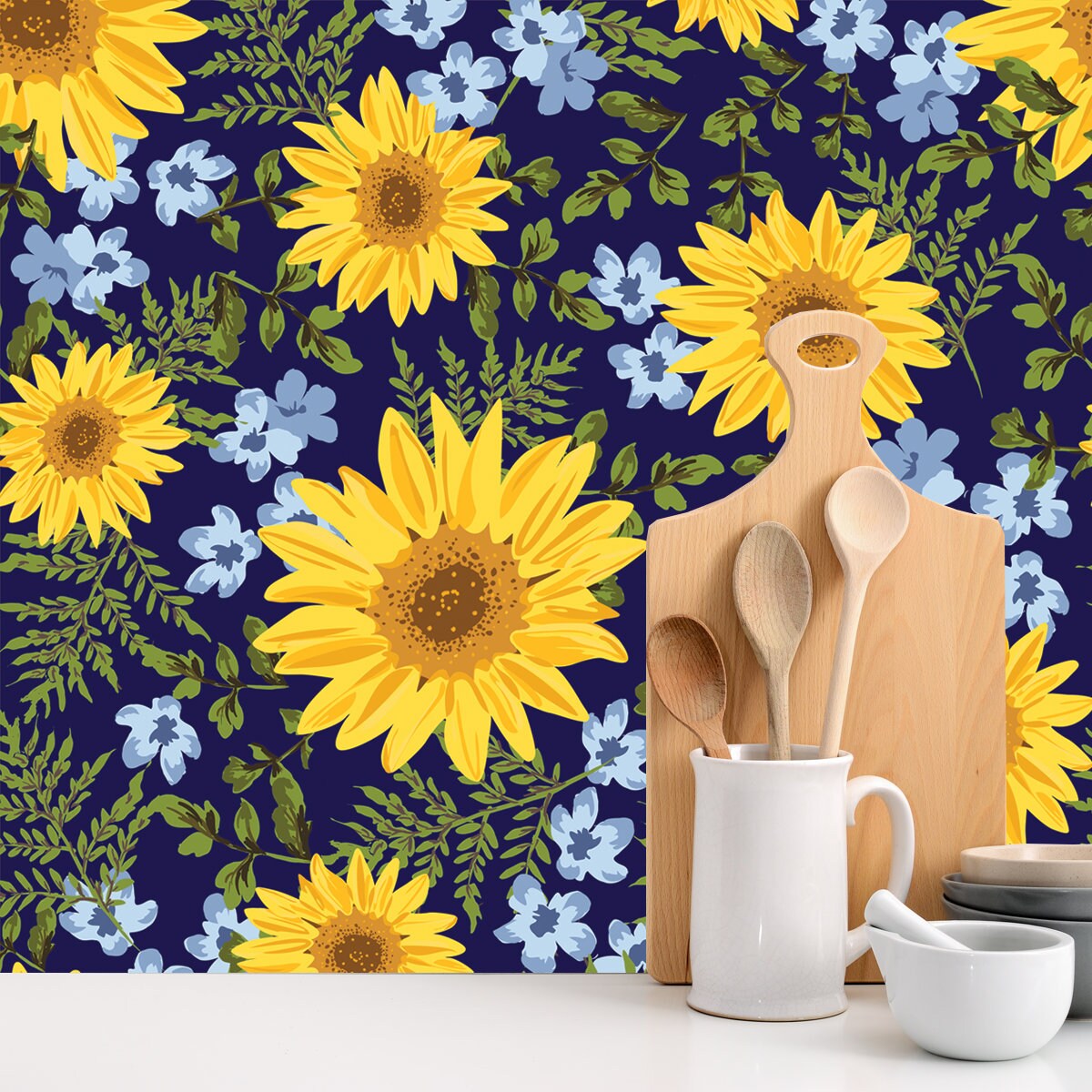 Seamless Pattern with Sunflowers on Navy Background. Ditsy Decorative Floral Design and Foliage Wallpaper Kitchen Mural