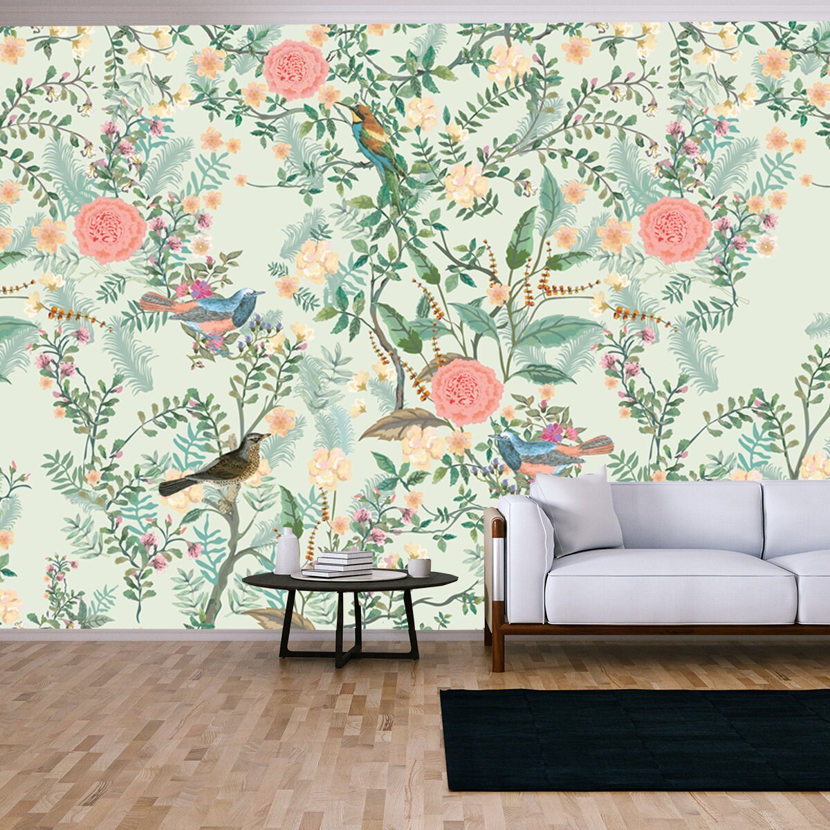 Vintage Decorative Garden Seamless Pattern for Wallpaper. Traditional Flower and Bird Chinoiserie Wallpaper Living Room Mural
