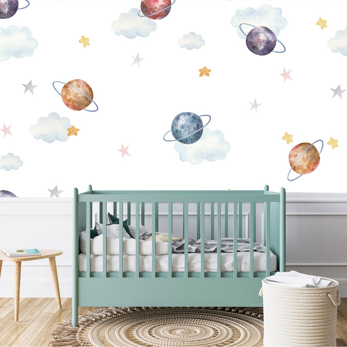 Space, Stars, Planets, Cute Watercolor Children's Illustration Wallpaper Boy Nursery Mural