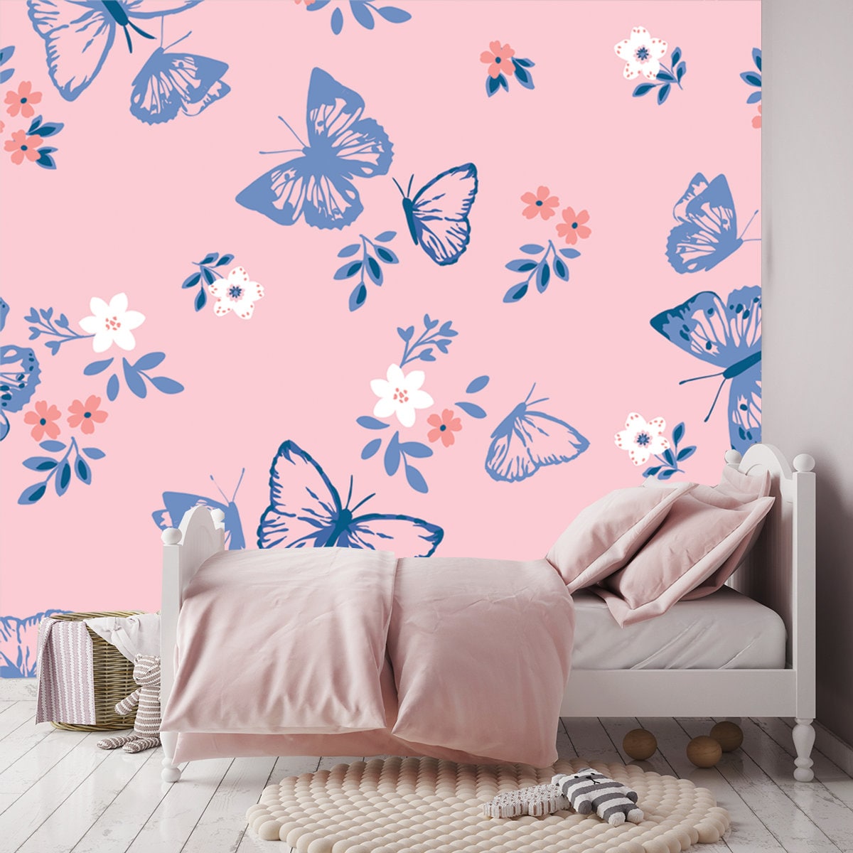 Blue Butterflies with Flowers on Pink Background Wallpaper Girl Bedroom Mural