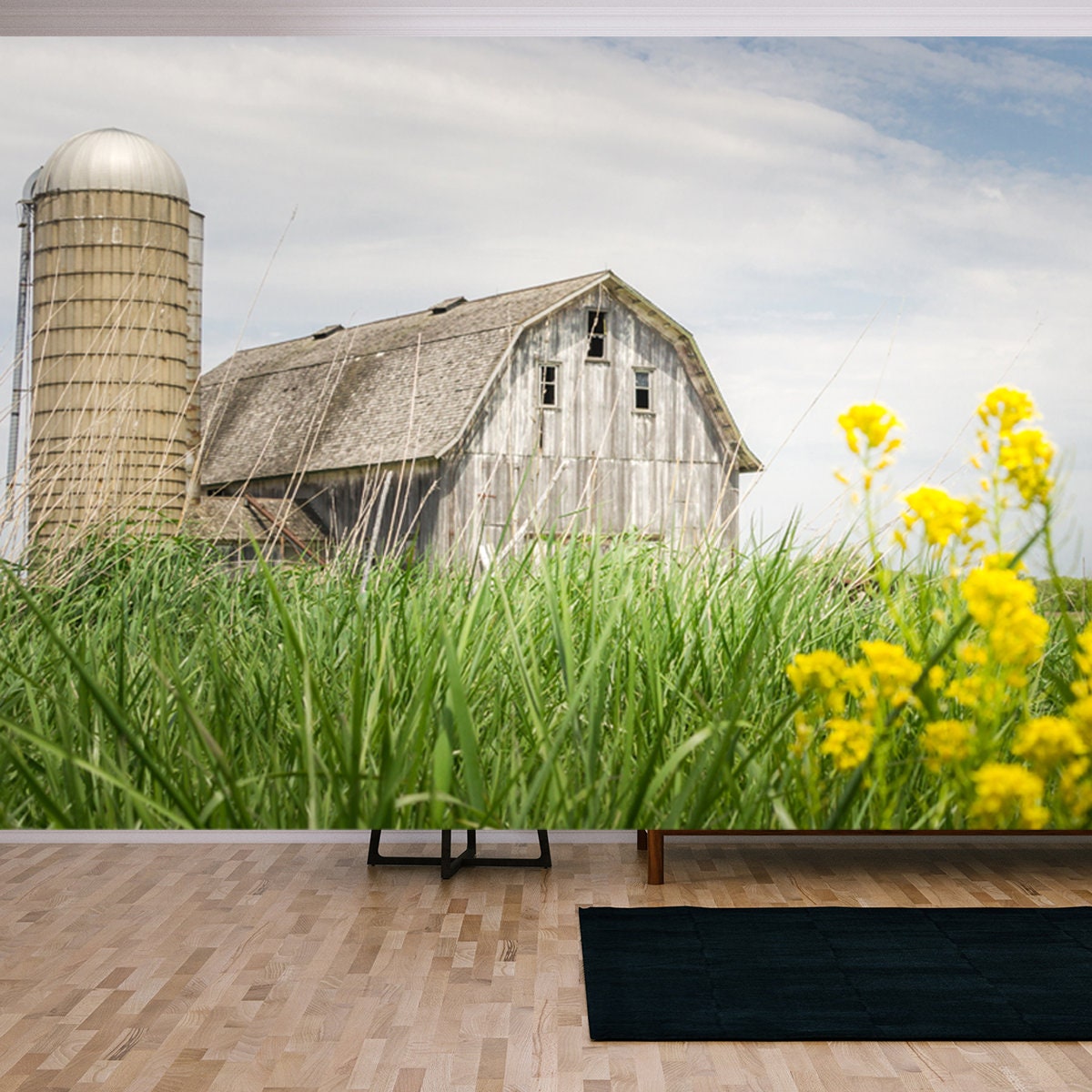 Beautiful Field Photo with Rustic Barn Resting in a Field of Grass Wallpaper Living Room Mural