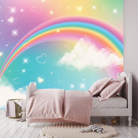 Holographic Fantasy Rainbow Unicorn Background with Clouds. Pastel Color Sky Wallpaper Girl Bedroom Mural