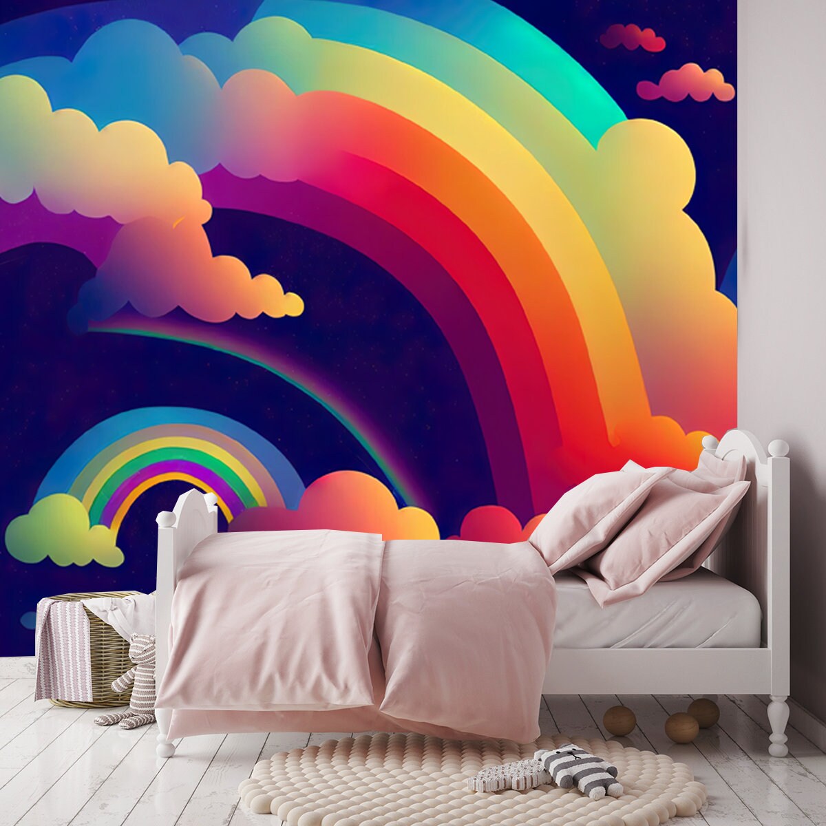 Holographic Fantasy Rainbow Unicorn Background with Clouds. Pastel Color Sky Wallpaper Girl Bedroom Mural