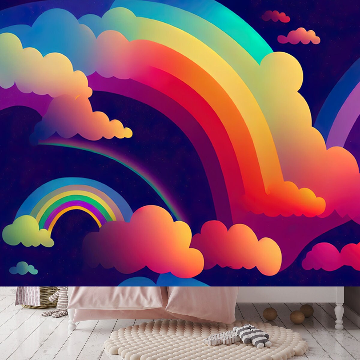 Holographic Fantasy Rainbow Unicorn Background with Clouds. Pastel Color Sky Wallpaper Girl Bedroom Mural