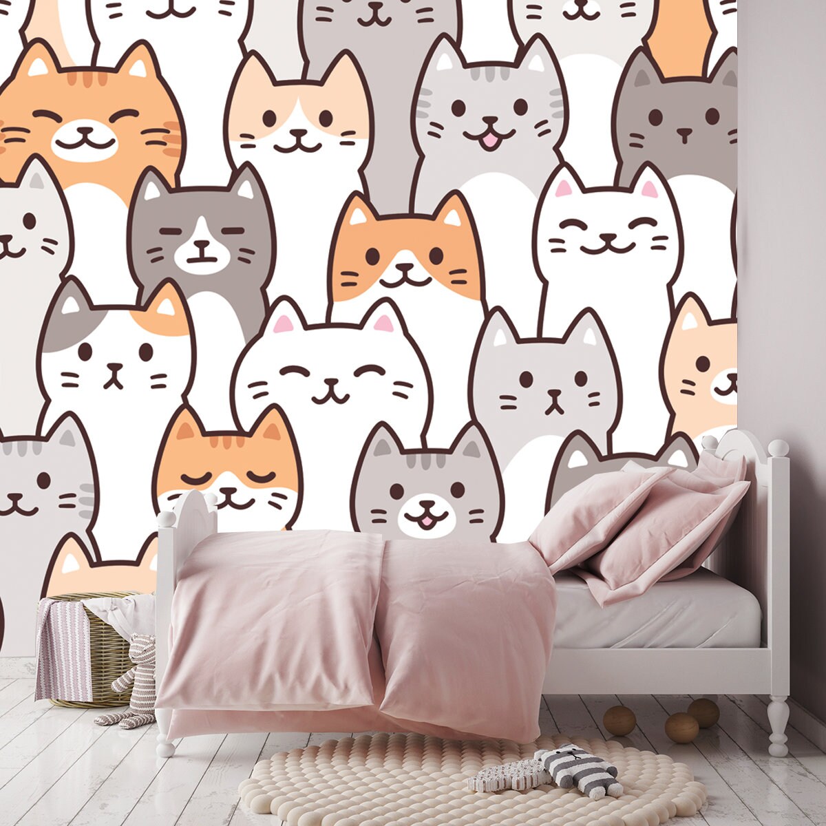 Cute Cartoon Doodle Cats Pattern. Kawaii Crowd of Cat Faces Wallpaper Girl Bedroom Mural