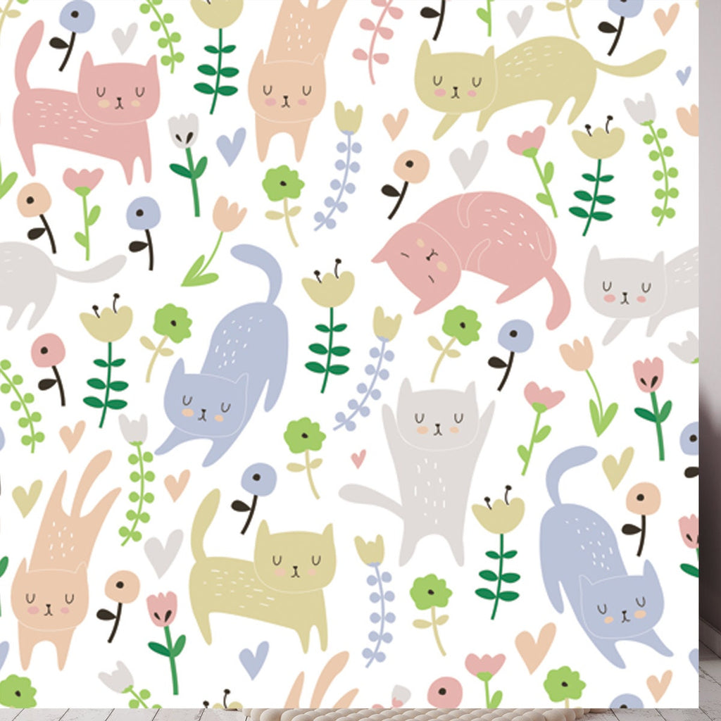 Cute Seamless Background with Funny Cats and Flowers in Cartoon Style ...