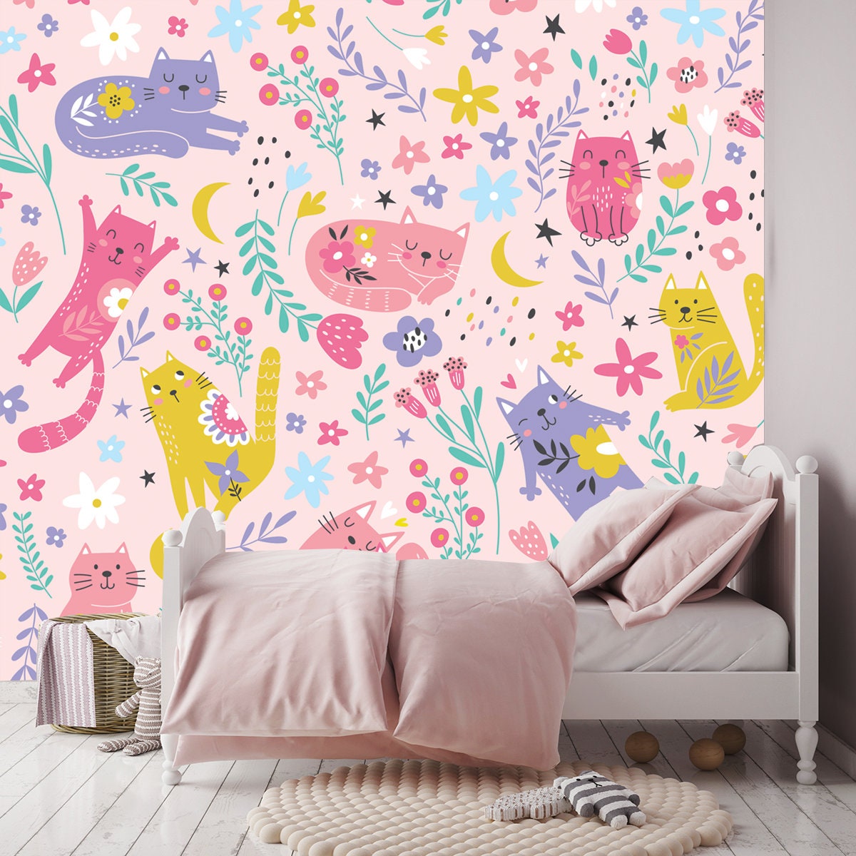 Cute Funny Cats in Cartoon Style Wallpaper Girl Bedroom Mural