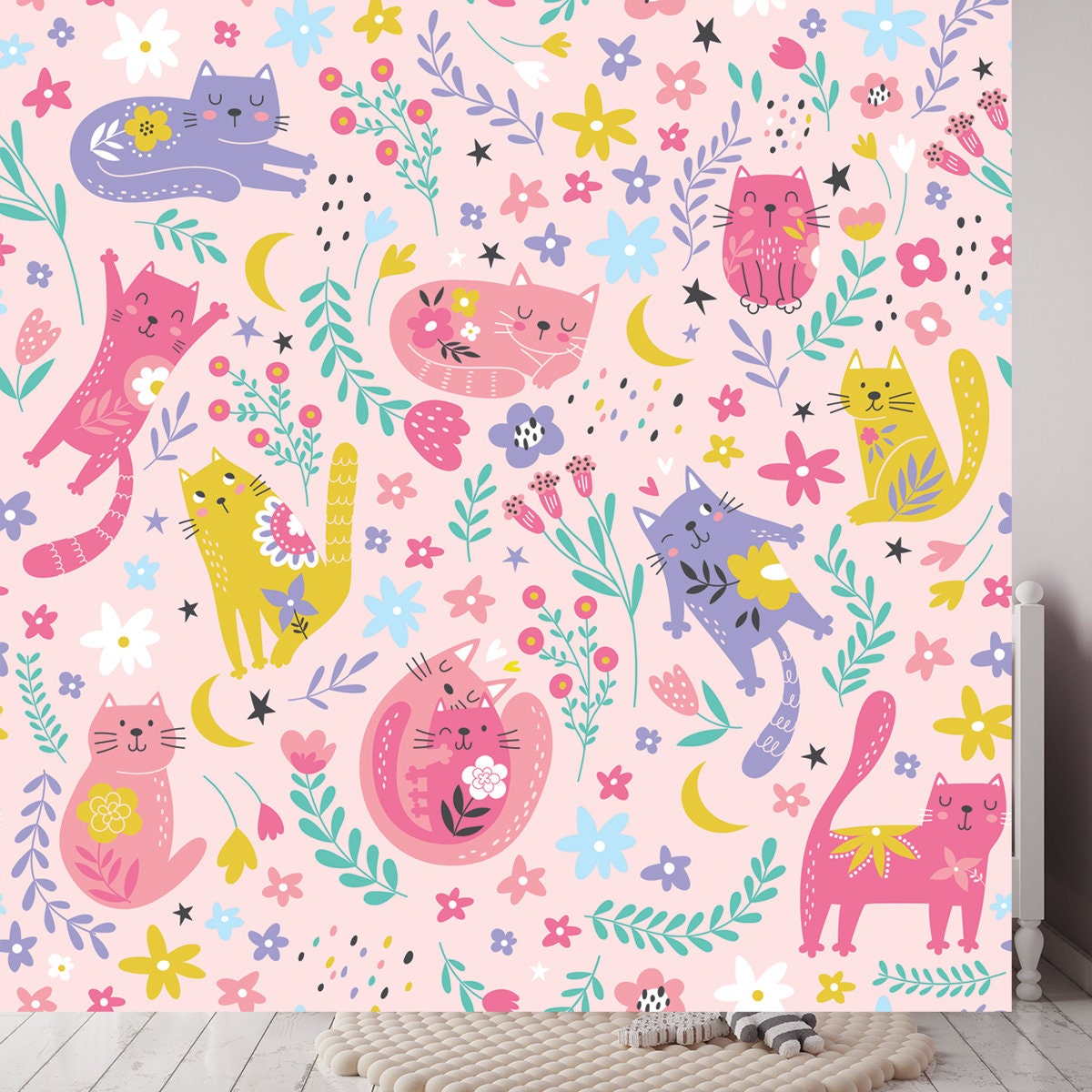 Cute Funny Cats in Cartoon Style Wallpaper Girl Bedroom Mural