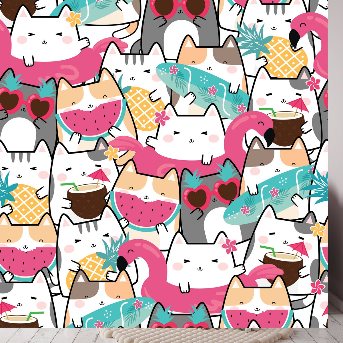 Kawaii Summer Cute Cats Wallpaper Girl Bedroom Mural