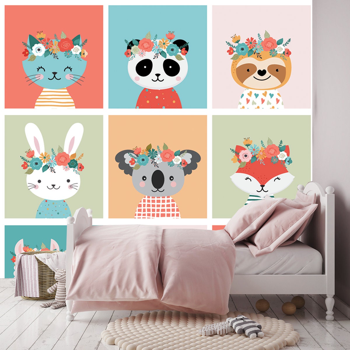 Cute Animals Heads with Flower Crown  Wallpaper Girl Bedroom Mural