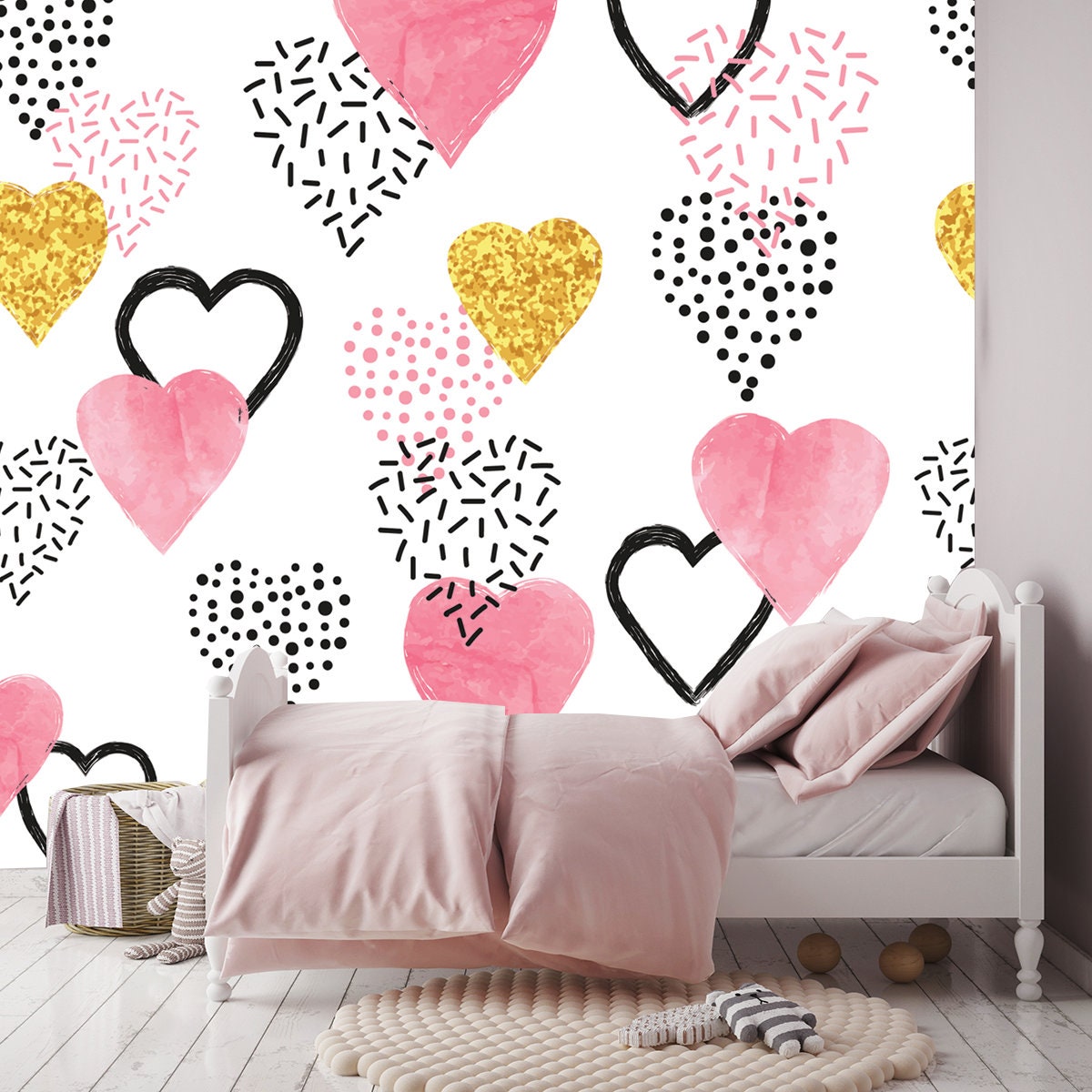 Glittering Gold and Watercolor Pink Hearts Pattern Wallpaper Girl Bedroom Mural