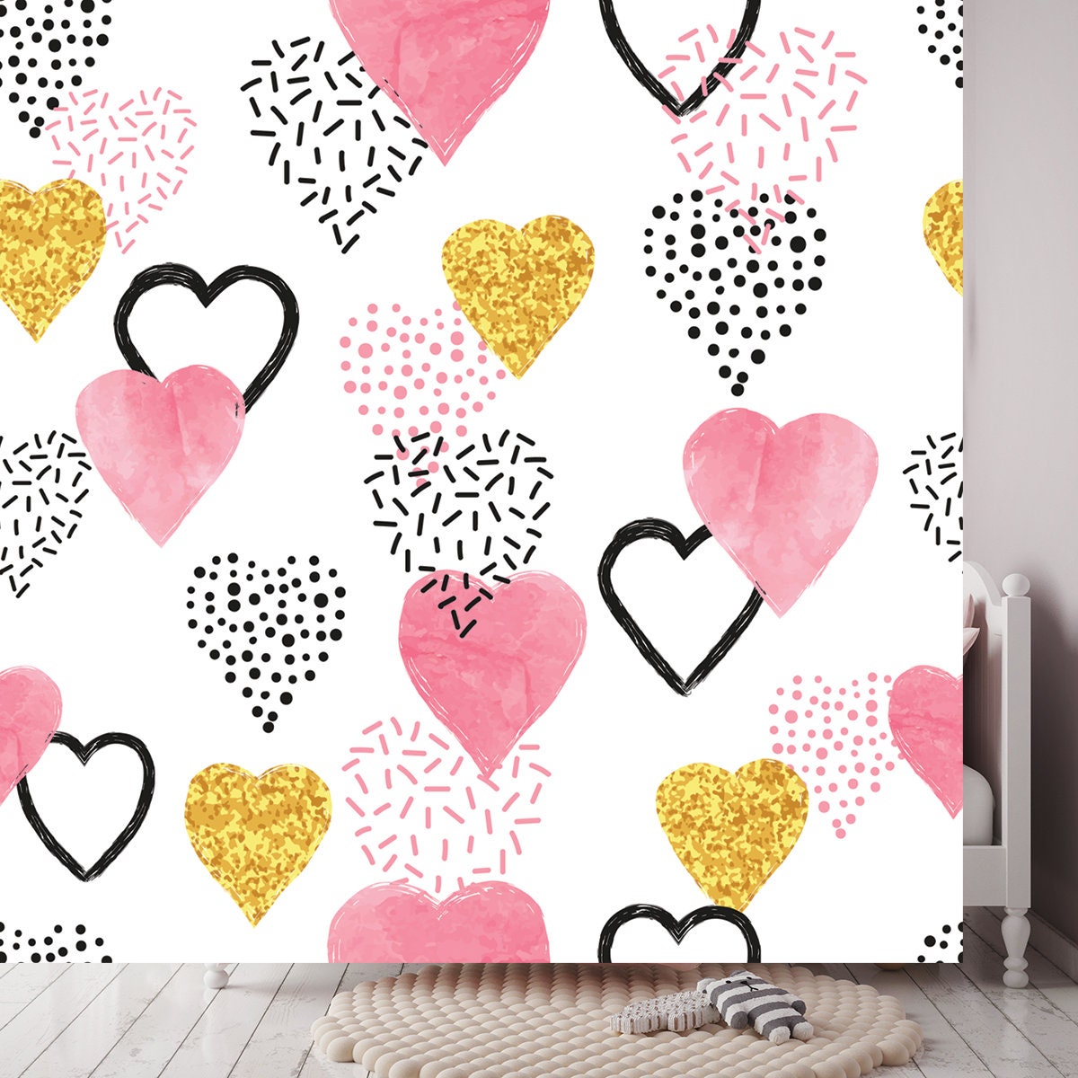 Glittering Gold and Watercolor Pink Hearts Pattern Wallpaper Girl Bedroom Mural