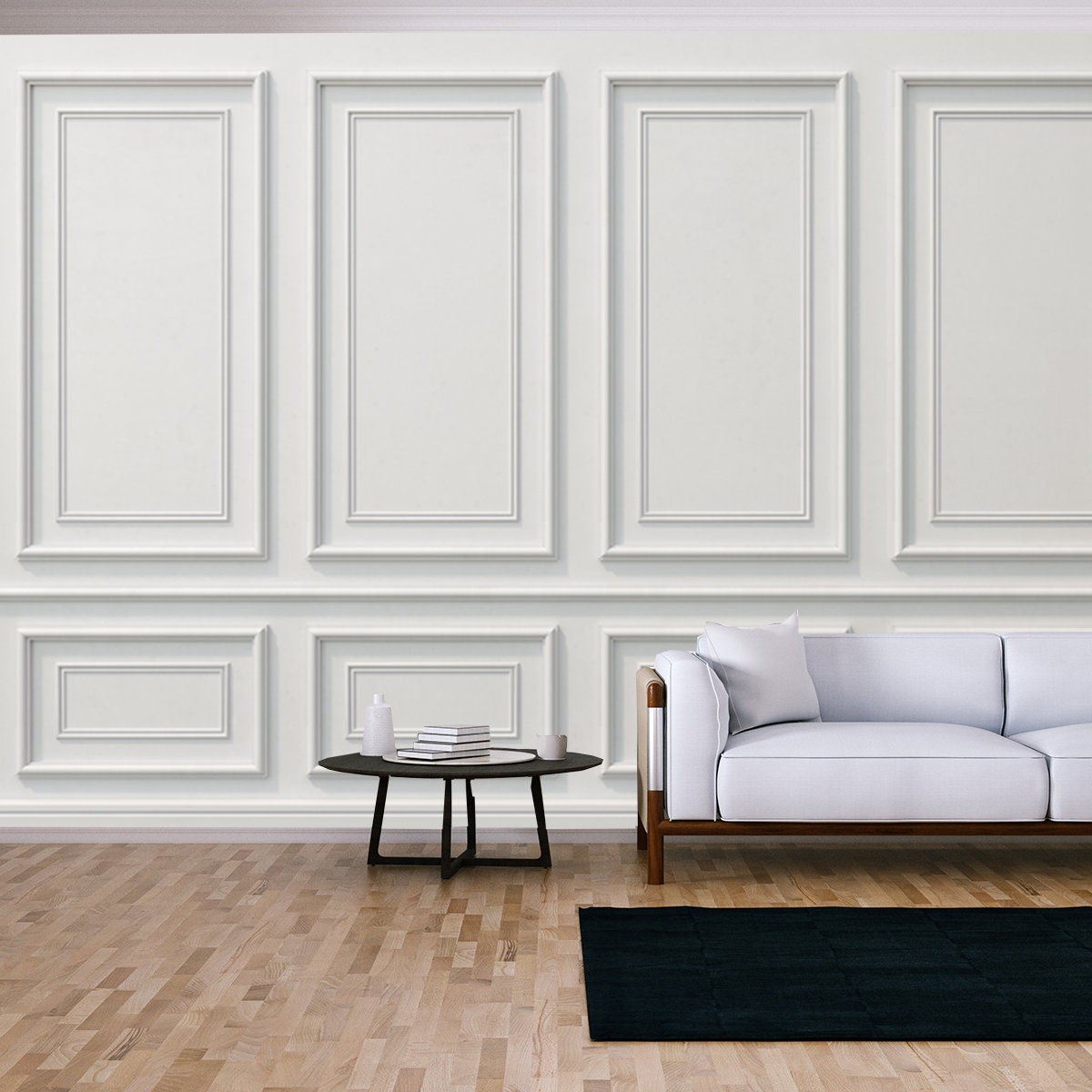 3d Illustration. Classic Wall of White Wood Panels Wallpaper Living Room Mural