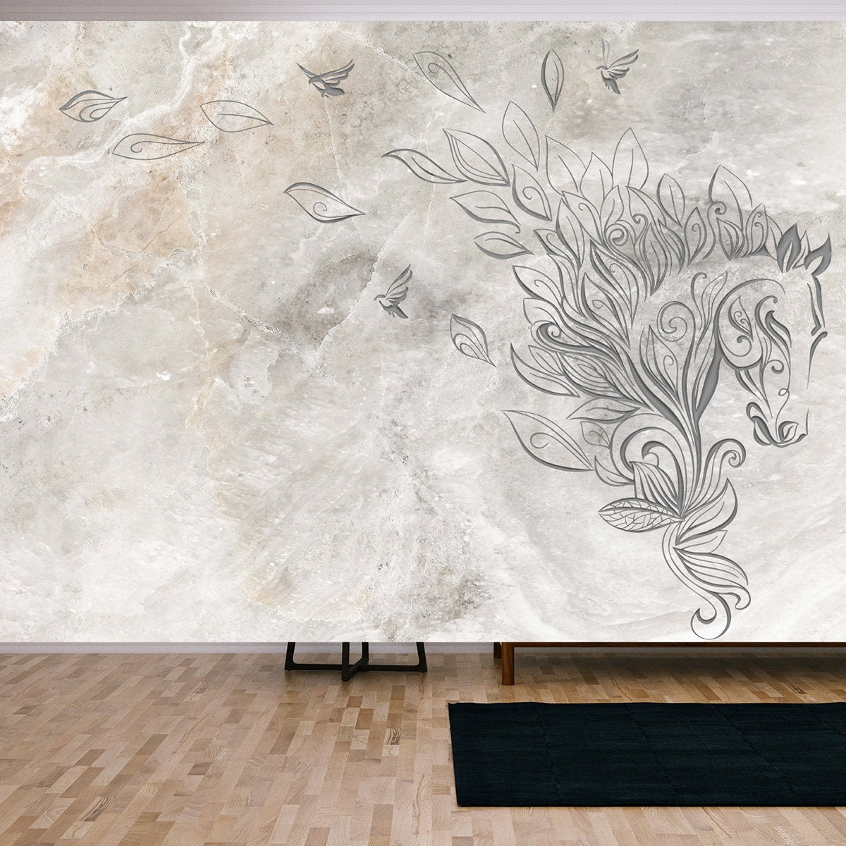 High Quality Porcelain or Marble Panel Tile with Carved Foliage Horse Wallpaper Living Room Mural