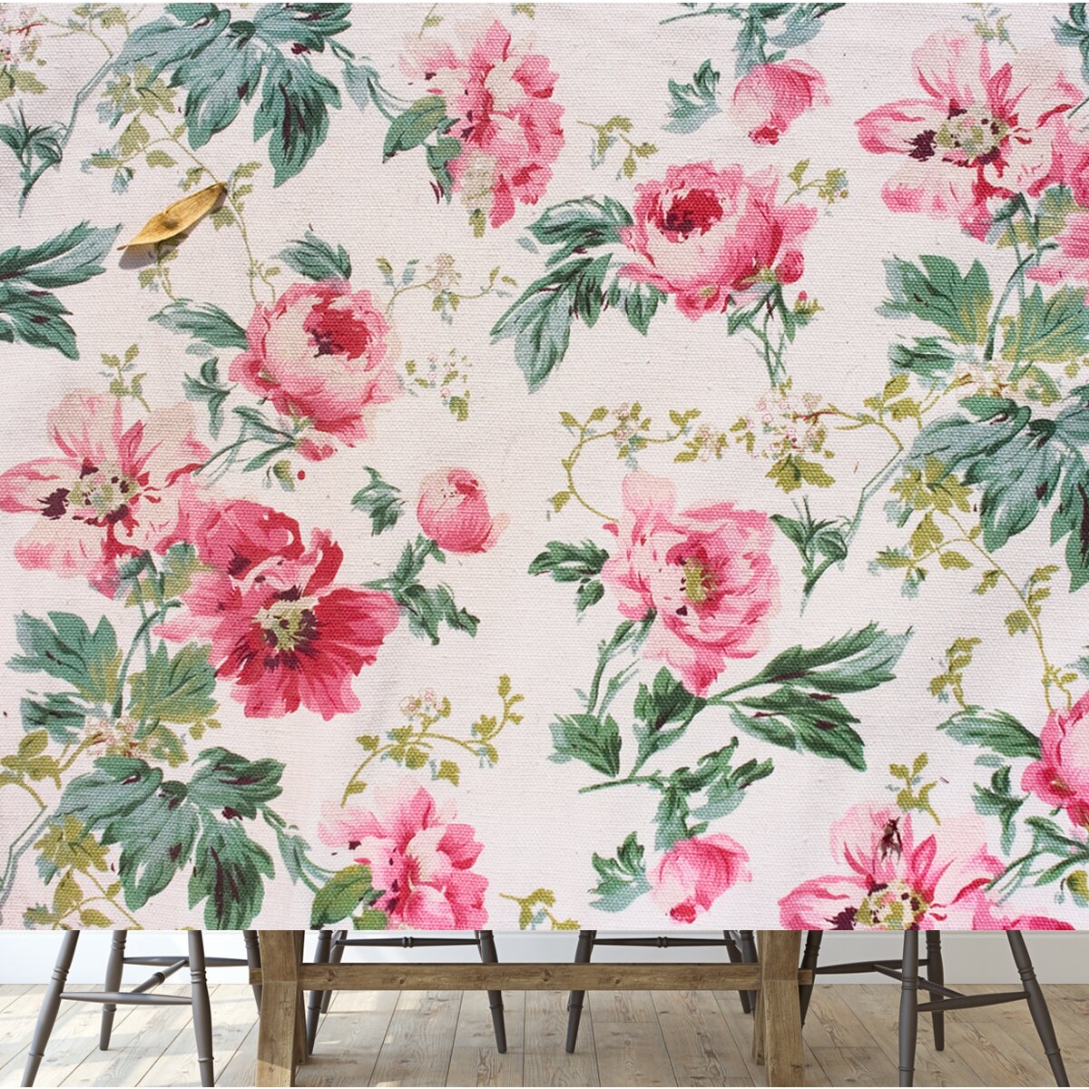 Fragment of Colorful Retro Tapestry Textile Pattern with Floral Ornament Wallpaper Dining Room Mural