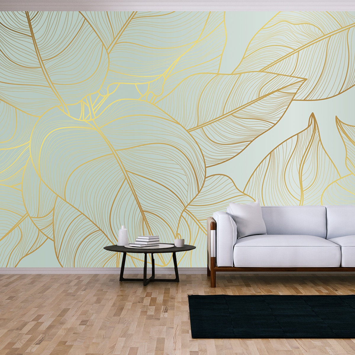 Floral Pattern with Golden Split-Leaf Philodendron Plant with Monstera Plant Line Art on Green Emerald Wallpaper Living Room Mural