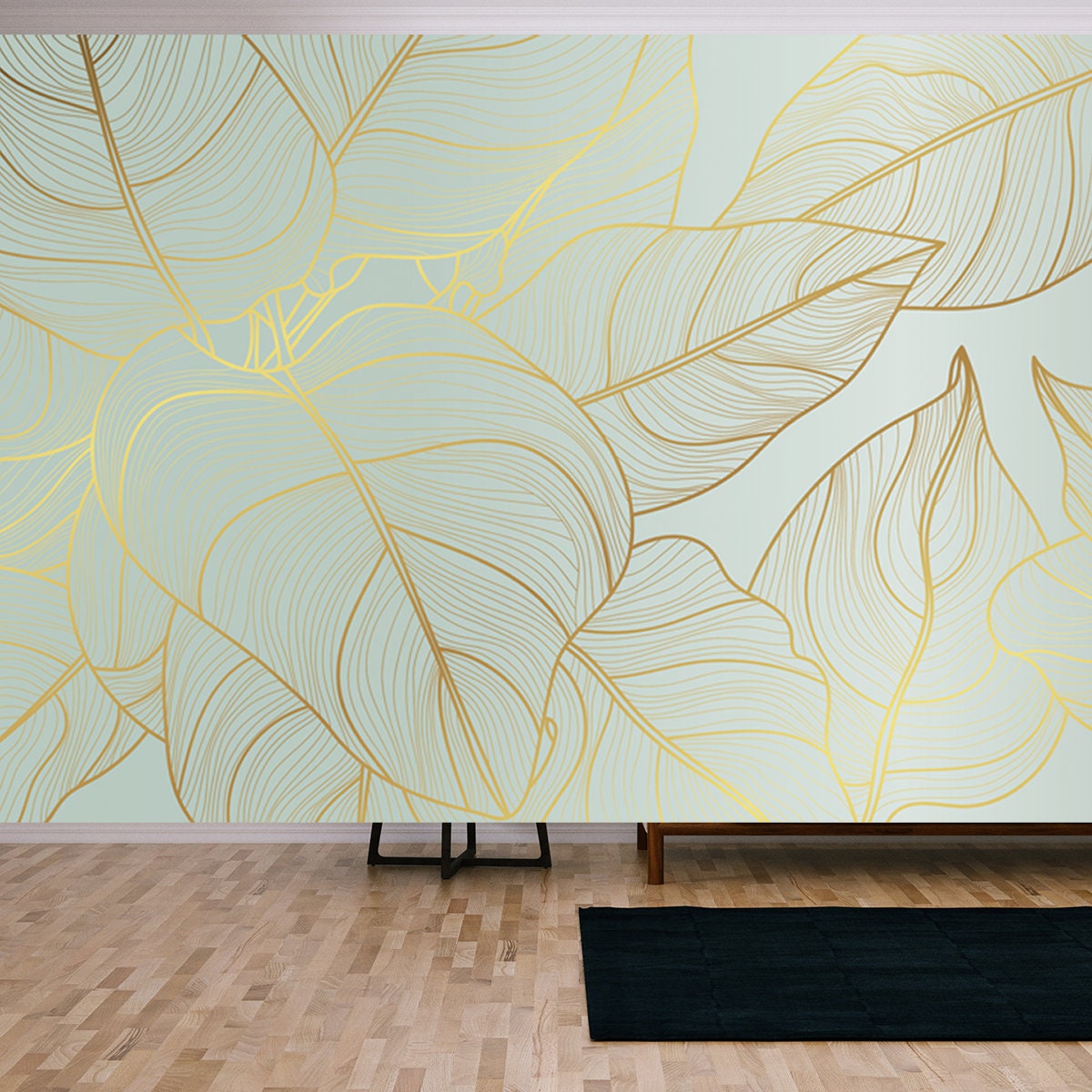 Floral Pattern with Golden Split-Leaf Philodendron Plant with Monstera Plant Line Art on Green Emerald Wallpaper Living Room Mural