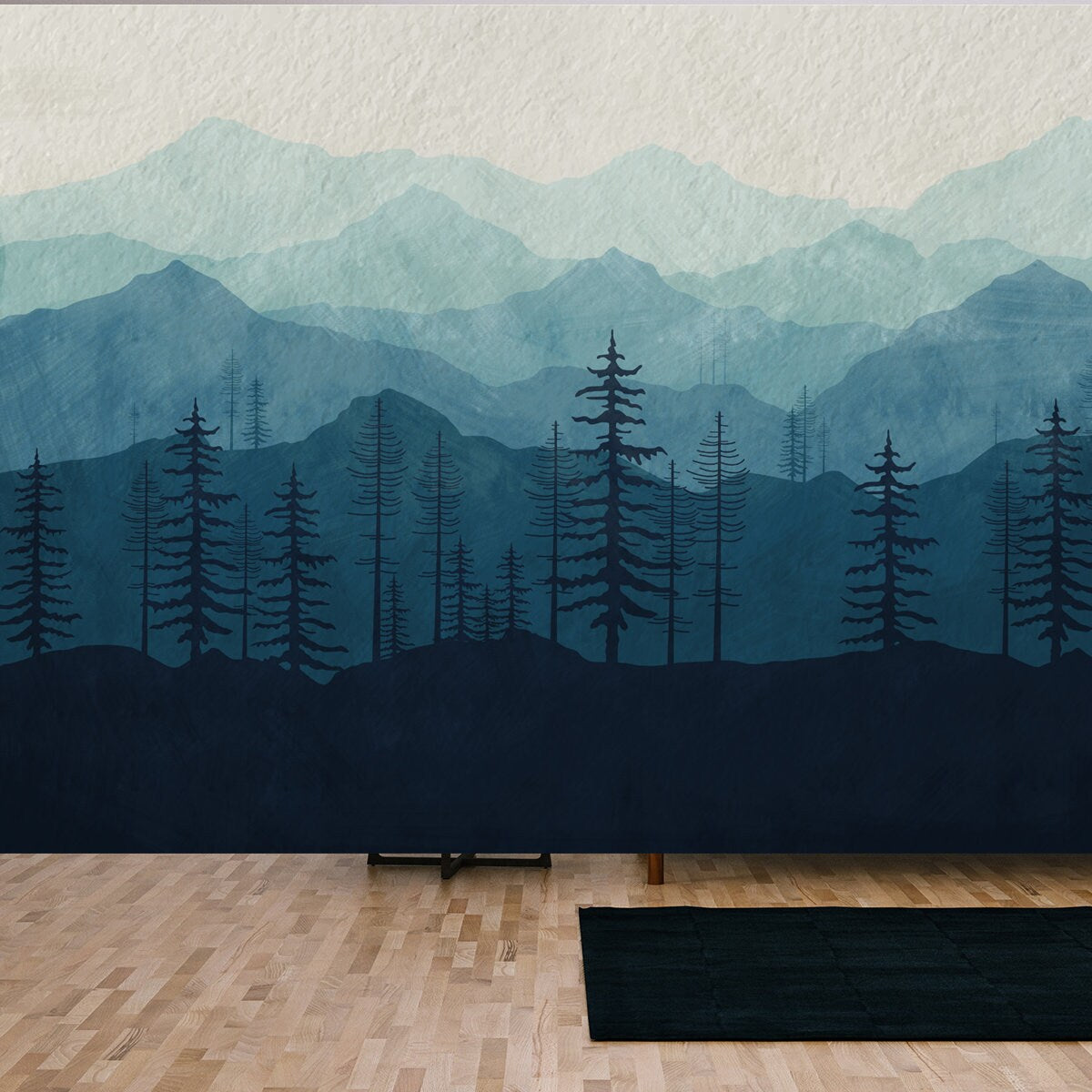 Mountain View Wallpaper Design, Blue Monochrome Color, Mural Art, Forest, Jungle, Watercolor Texture Wallpaper Living Room Mural
